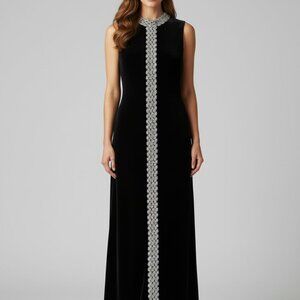 Vintage 70s Black Velvet Column Dress | Silver Thread & Beading | Mod Evening